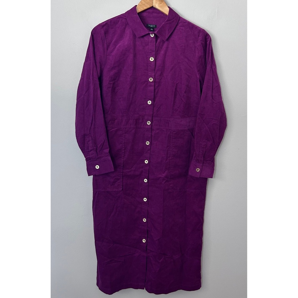 Talbots Shirt Dress Womens 12P Purple Corduroy Button Front Long Sleeve NWT
